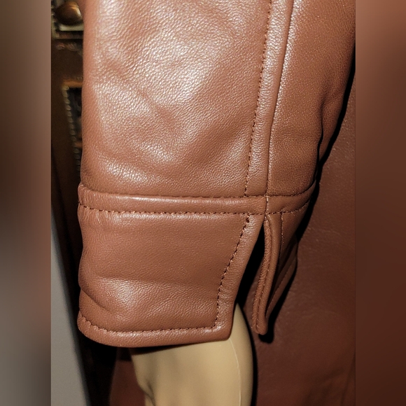 QVC's Denim & Co Cognac Brown Zip Front Leather Jacket Petite Large NWOT - Picture 5 of 8